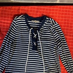 LOFT Navy and White Striped Lace-Up Blouse